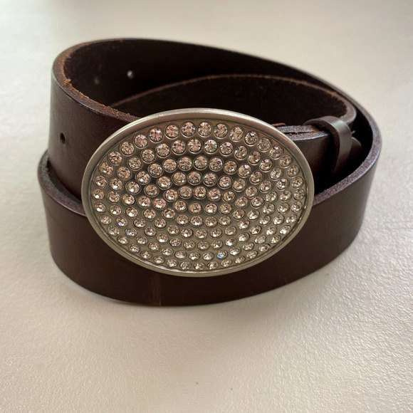 Fossil Other - Fossil Belt Mens Small Brown Leather Silver Rhinestone Buckle Western Fits 27-33